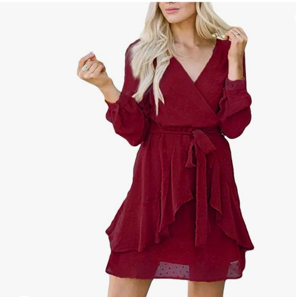 Cute V Neck Long Sleeve Mini Dresses Solid Polka Dot Swing Dress with Belt Side